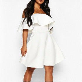 A-Line Hot White Holiday Cocktail Party Dress Off Shoulder Short Sleeve Short / Mini Satin with Ruffles 2021