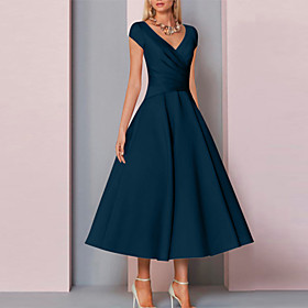 A-Line Mother of the Bride Dress Elegant V Neck Tea Length Charmeuse Sleeveless with Ruching 2021