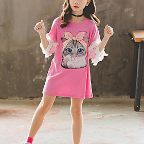 Kids Girls' T shirt Tee 3/4 Length Sleeve Cat Animal Sequins Embroidered White Blushing Pink Children Tops Active Children's Day