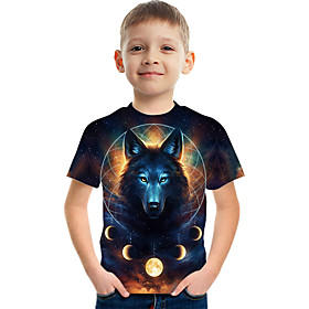 Kids Boys' T shirt Tee Short Sleeve Wolf Color Block 3D Animal Print Rainbow Children Tops Summer Basic Streetwear