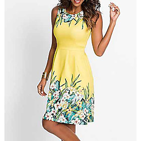 Women's A Line Dress Knee Length Dress Blue Yellow Fuchsia Sleeveless Floral Print Spring  Summer Round Neck Hot Elegant 2021 S M L XL XXL