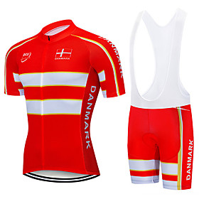 21Grams Men's Short Sleeve Cycling Jersey with Bib Shorts Summer Spandex Polyester Red Denmark National Flag Bike Clothing Suit UV Resistant 3D Pad Quick Dry B