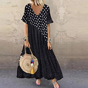 Women's Knee Length Dress Black Short Sleeve Polka Dot Summer V Neck Hot M L XL XXL 3XL 4XL 5XL / Maxi