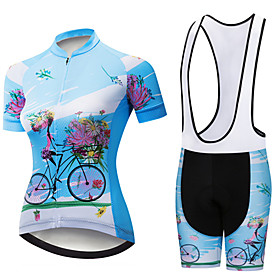 21Grams Women's Short Sleeve Cycling Jersey with Bib Shorts Summer Spandex Polyester Black / Blue Floral Botanical Bike Clothing Suit 3D Pad Ultraviolet Resist