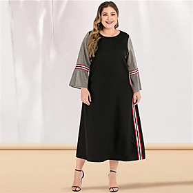 Women's A Line Dress Maxi long Dress Gray Long Sleeve Solid Color Color Block Patchwork Basic Round Neck Casual Streetwear Flare Cuff Sleeve L XL XXL 3XL 4XL /