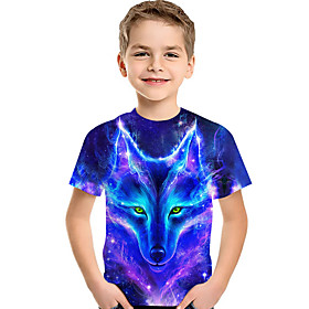 Kids Toddler Boys' T shirt Tee Short Sleeve Wolf 3D Print Galaxy Animal Crewneck Blue Black Green Children Tops Summer Active Basic Cool 2-13 Years
