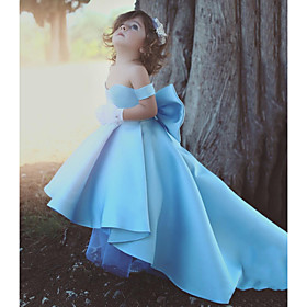 Ball Gown Chapel Train Flower Girl Dresses Wedding Satin Short Sleeve Off Shoulder with Bow(s)
