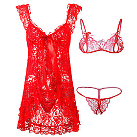 Women's Lace / Sequins / Mesh Plus Size Erotic Suits Nightwear Solid Colored Red White Black S M L