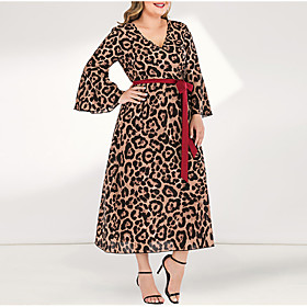 Women's Kaftan Dress Maxi long Dress Yellow Long Sleeve Leopard Pleated Patchwork V Neck Casual Flare Cuff Sleeve L XL XXL 3XL 4XL / Plus Size