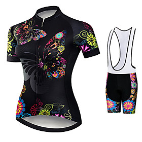 21Grams Women's Short Sleeve Cycling Jersey with Bib Shorts Summer Spandex Polyester Black / Red Butterfly Floral Botanical Bike Clothing Suit 3D Pad Ultraviol
