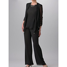 Pantsuit / Jumpsuit Mother of the Bride Dress Elegant Jewel Neck Floor Length Chiffon 3/4 Length Sleeve with Pleats 2021