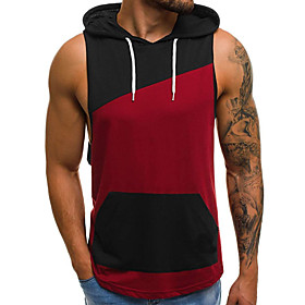 Men's Tank Top Shirt Color Block Sleeveless Daily Tops Cotton Basic Hooded White Wine / Sports