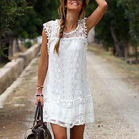 Women's Shift Dress Short Mini Dress White Sleeveless Lace Summer Round Neck Hot Casual Holiday S M L XL XXL / Plus Size / Plus Size