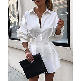 Women's Shift Dress Short Mini Dress White Black Fuchsia Long Sleeve Solid Color Summer V Neck Hot Streetwear 2021 S M L XL