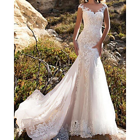 Mermaid / Trumpet Wedding Dresses Jewel Neck Chapel Train Lace Tulle Sleeveless Glamorous with Lace Insert Appliques 2021