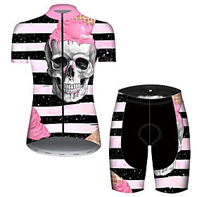21Grams Women's Short Sleeve Cycling Jersey with Shorts Summer BlackWhite Stripes Sugar Skull Skull Bike Clothing Suit 3D Pad Ultraviolet Resistant Quick Dry B