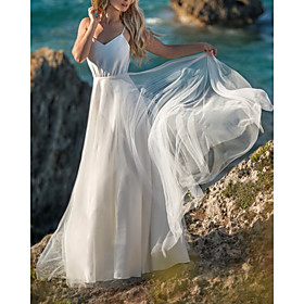 V Neck Spaghetti Strap Floor Length Chiffon Tulle Sleeveless Beach Sexy Wedding Dress in Color with Pleats 2021