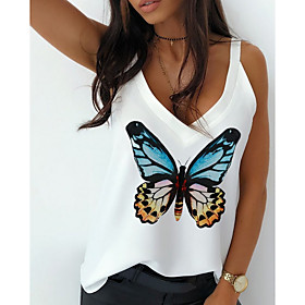 Women's Camisole Butterfly Printing Animal V Neck Basic Tops White Blushing Pink Gray