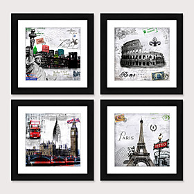 4 Panel Wall Art Canvas Prints Painting Artwork Picture Black White Famous Architecture Home Decoration Décor Stretched Frame Ready to Hang