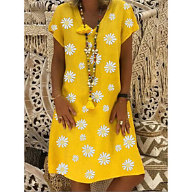 Women's Shift Dress Knee Length Dress Yellow Khaki Green Black Short Sleeve Daisy Floral Print Summer Round Neck Hot Casual Holiday 2021 S M L XL XXL 3XL 4XL
