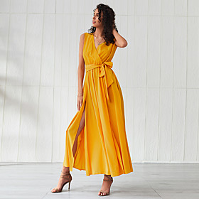 Women's Swing Dress Maxi long Dress Yellow Long Sleeve Solid Color Layered Bow Summer V Neck Elegant 2021 XS S M L XL