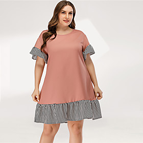 Women's A Line Dress Short Mini Dress Blushing Pink Short Sleeve Striped Solid Color Patchwork Summer Round Neck Elegant Casual Flare Cuff Sleeve 2021 L XL XXL