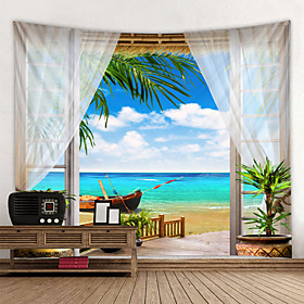 Window Landscape Wall Tapestry Art Decor Blanket Curtain Picnic Tablecloth Hanging Home Bedroom Living Room Dorm Decoration Polyester Sea Ocean Beach Palm