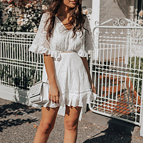 Women's Lace Short Mini Dress White Half Sleeve Solid Color Summer V Neck Elegant 2021 S M L XL