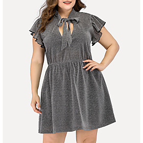 Women's A Line Dress Short Mini Dress Gray Short Sleeve Solid Color Split Ruched Summer V Neck Elegant Casual 2021 L XL XXL 3XL 4XL / Plus Size