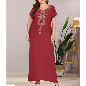 Women's Shift Dress Maxi long Dress Wine Short Sleeve Solid Color Embroidered Lace Summer V Neck Elegant Casual Flare Cuff Sleeve 2021 L XL XXL 3XL / Plus Size