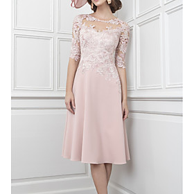 A-Line Mother of the Bride Dress Elegant Illusion Neck Knee Length Chiffon Lace Half Sleeve with Pleats Appliques 2021