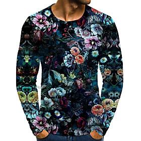 Men's T shirt Shirt Floral Graphic Plus Size Print Long Sleeve Daily Tops Basic Exaggerated Round Neck Rainbow
