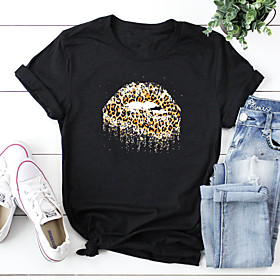 Women's Leopard T shirt Leopard Cheetah Print Print Round Neck Basic Tops 100% Cotton White Yellow Blushing Pink
