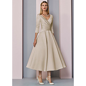 A-Line Mother of the Bride Dress Plus Size Elegant Vintage V Neck Tea Length Satin 3/4 Length Sleeve with Pleats 2021