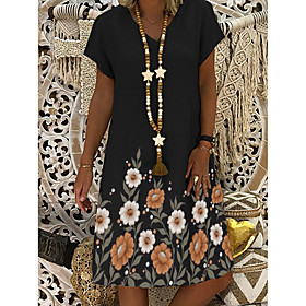 Women's A Line Dress Knee Length Dress Black Short Sleeve Floral Print Summer V Neck Hot Casual 2021 M L XL XXL 3XL