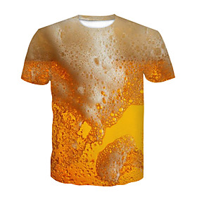 Men's T shirt Graphic 3D Beer Plus Size Print Short Sleeve Party Tops Yellow