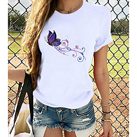 Women's T shirt Butterfly Graphic Prints Round Neck Tops 100% Cotton White