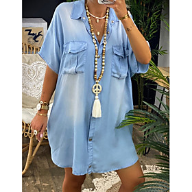 Women's Denim Shirt Dress Short Mini Dress Blue Half Sleeve Solid Color Pocket Button Spring Summer Shirt Collar Chic  Modern Hot Casual 100% Cotton Oversized