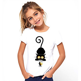 Kids Girls' T shirt Tee Short Sleeve Cat Animal Print White Children Tops Basic Cute