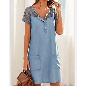 Women's Denim Dress Short Mini Dress Light Blue Short Sleeve Solid Color Lace Pocket Button Spring Summer V Neck Casual Holiday 2021 S M L XL XXL / Cotton / Co