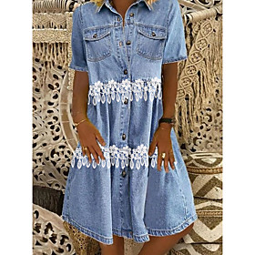 Women's Denim Shirt Dress Knee Length Dress Blue Short Sleeve Lace Lace Pocket Spring Summer Shirt Collar Casual 2021 M L XL XXL 3XL