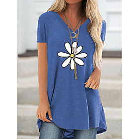 Women's T shirt Dress Tunic T shirt Floral Flower Print V Neck Basic Tops Cotton Blue Khaki Gray