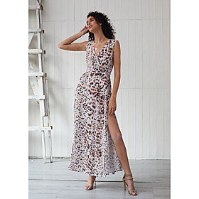 Women's Swing Dress Maxi long Dress Brown Sleeveless Leopard Split Summer V Neck Elegant 2021 XS S M L XL