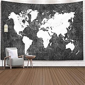 Wall Tapestry Art Decor Blanket Curtain Picnic Tablecloth Hanging Home Bedroom Living Room Dorm Decoration Black and White World Map Topography