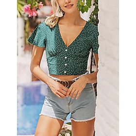 Women's Blouse Shirt Floral Flower Print V Neck Tops Basic Top Green