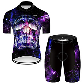 21Grams Men's Short Sleeve Cycling Jersey with Shorts Summer Nylon Polyester Violet Gradient Sugar Skull 3D Bike Clothing Suit 3D Pad Ultraviolet Resistant Qui