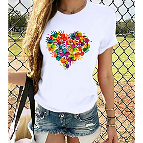 Women's T shirt Heart Graphic Prints Round Neck Tops Slim 100% Cotton White