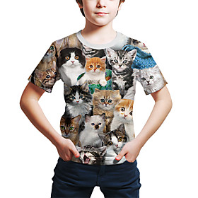 Kids Toddler Boys' T shirt Tee Short Sleeve Cat 3D Animal Print Rainbow Children Tops Summer Active Streetwear Cute Children's Day