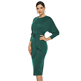Women's Sheath Dress Midi Dress Black Army Green Green Long Sleeve Solid Color Fall Spring Round Neck Work Elegant 2021 S M L XL