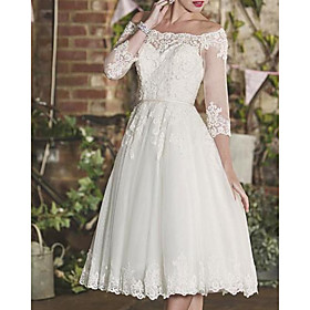 A-Line Wedding Dresses Off Shoulder Knee Length Lace Tulle 3/4 Length Sleeve Vintage 1950s with Sashes / Ribbons 2021